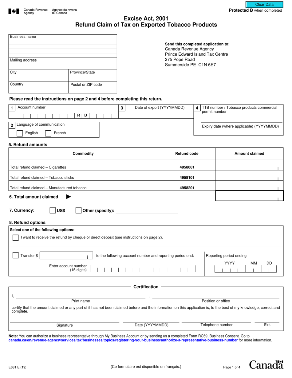 Form E681 Excise Act, 2001 - Refund Claim of Tax on Exported Tobacco Products - Canada, Page 1