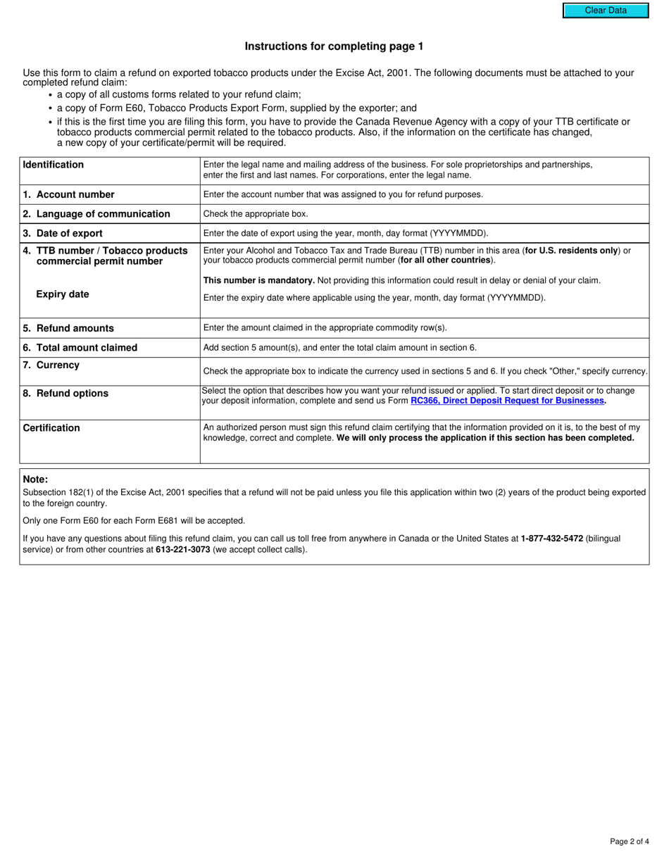 Form E681 Excise Act, 2001 - Refund Claim of Tax on Exported Tobacco Products - Canada, Page 2