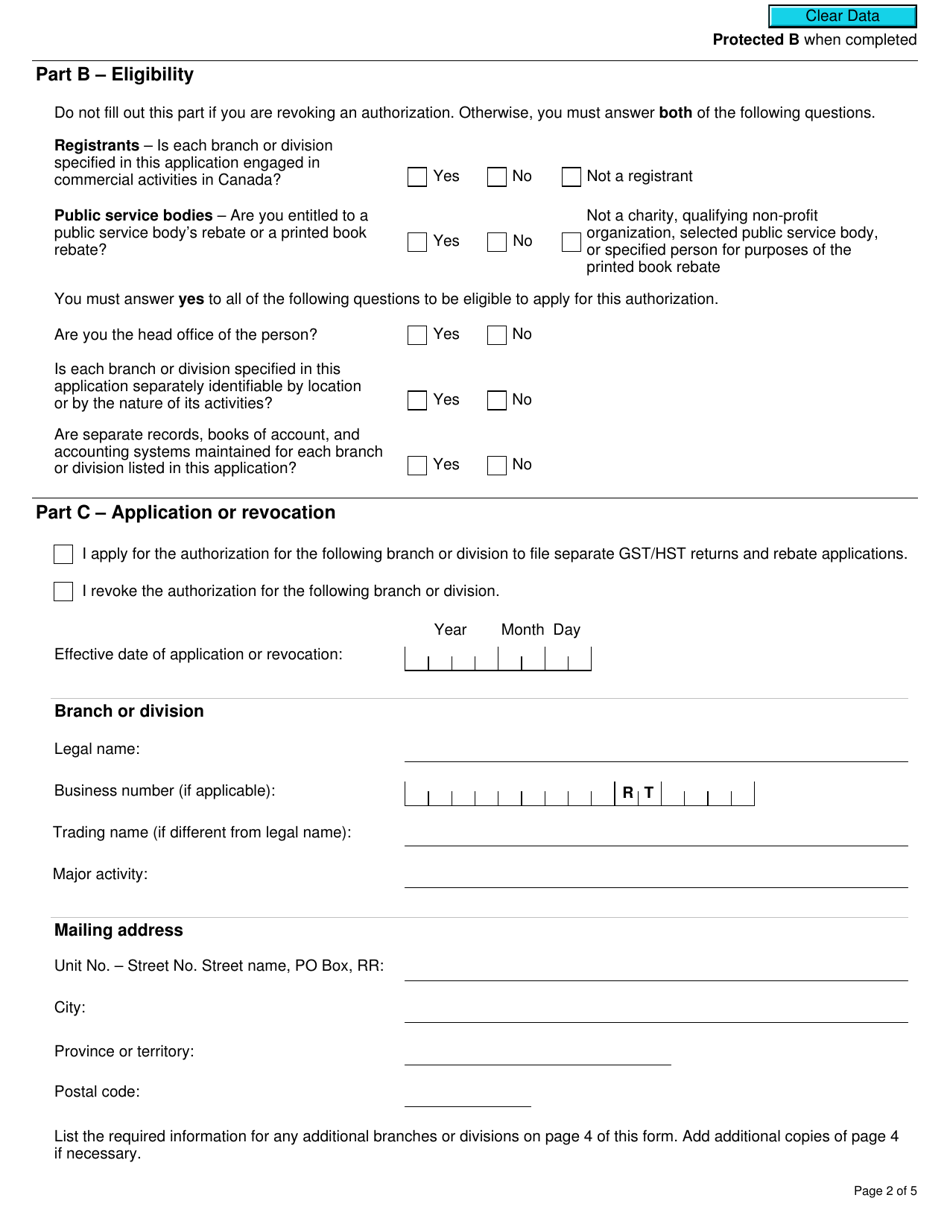 Form GST10 Application or Revocation of the Authorization to File Separate Gst / Hst Returns and Rebate Applications for Branches or Divisions - Canada, Page 2