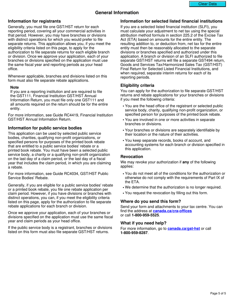 Form GST10 Application or Revocation of the Authorization to File Separate Gst / Hst Returns and Rebate Applications for Branches or Divisions - Canada, Page 5