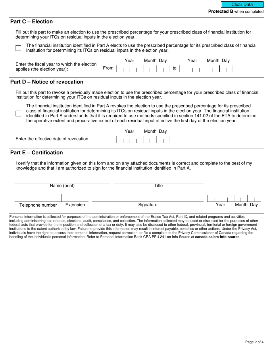 Form GST118 Election or Revocation of an Election for a Financial Institution to Use the Prescribed Percentage - Canada, Page 2