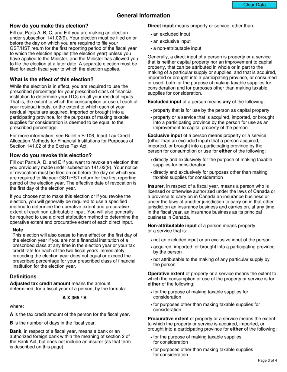 Form GST118 Election or Revocation of an Election for a Financial Institution to Use the Prescribed Percentage - Canada, Page 3