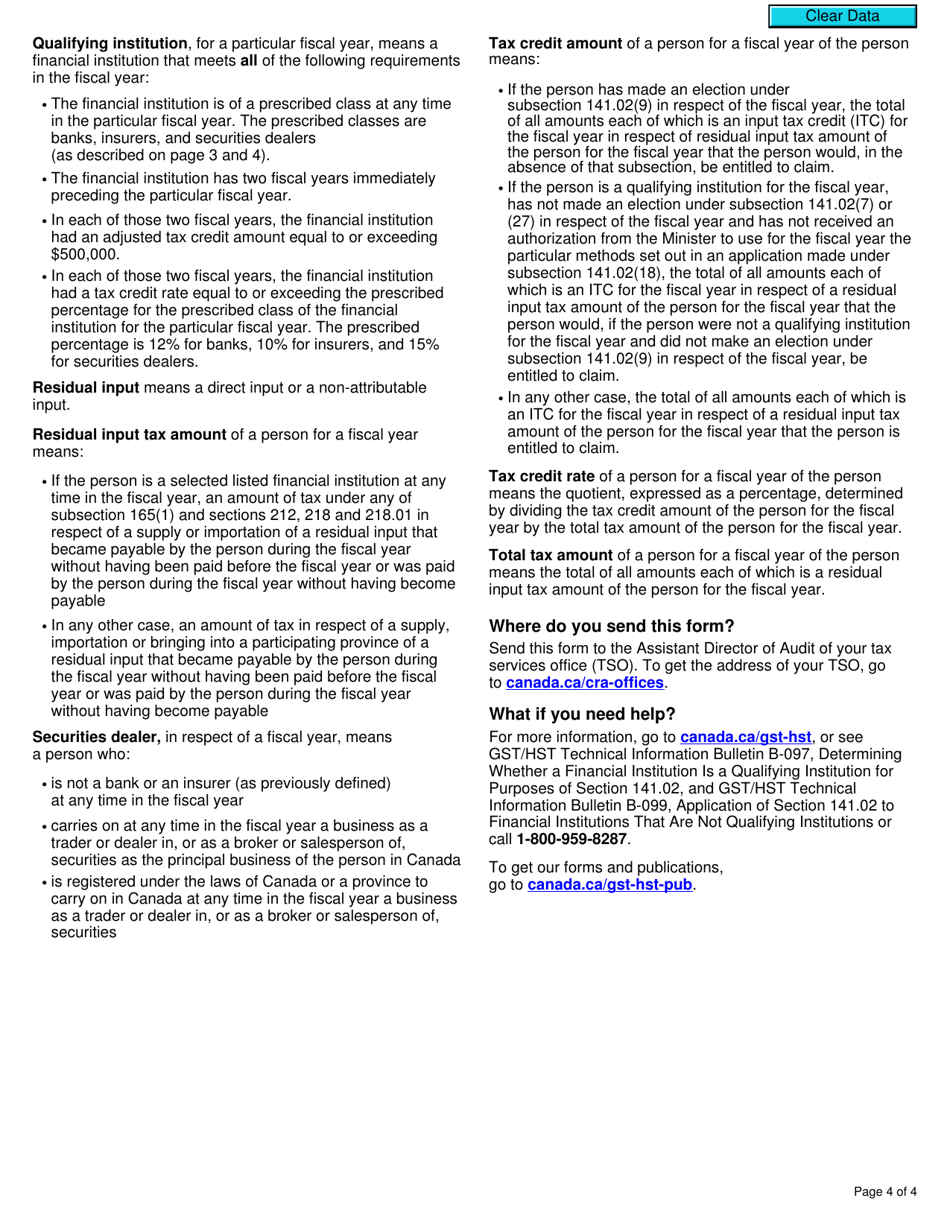 Form GST118 Election or Revocation of an Election for a Financial Institution to Use the Prescribed Percentage - Canada, Page 4
