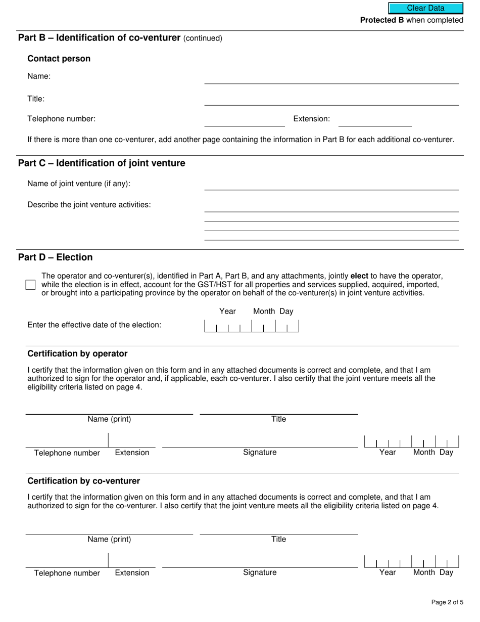 Form GST21 Election or Revocation of an Election to Have the Joint Venture Operator Account for Gst / Hst - Canada, Page 2