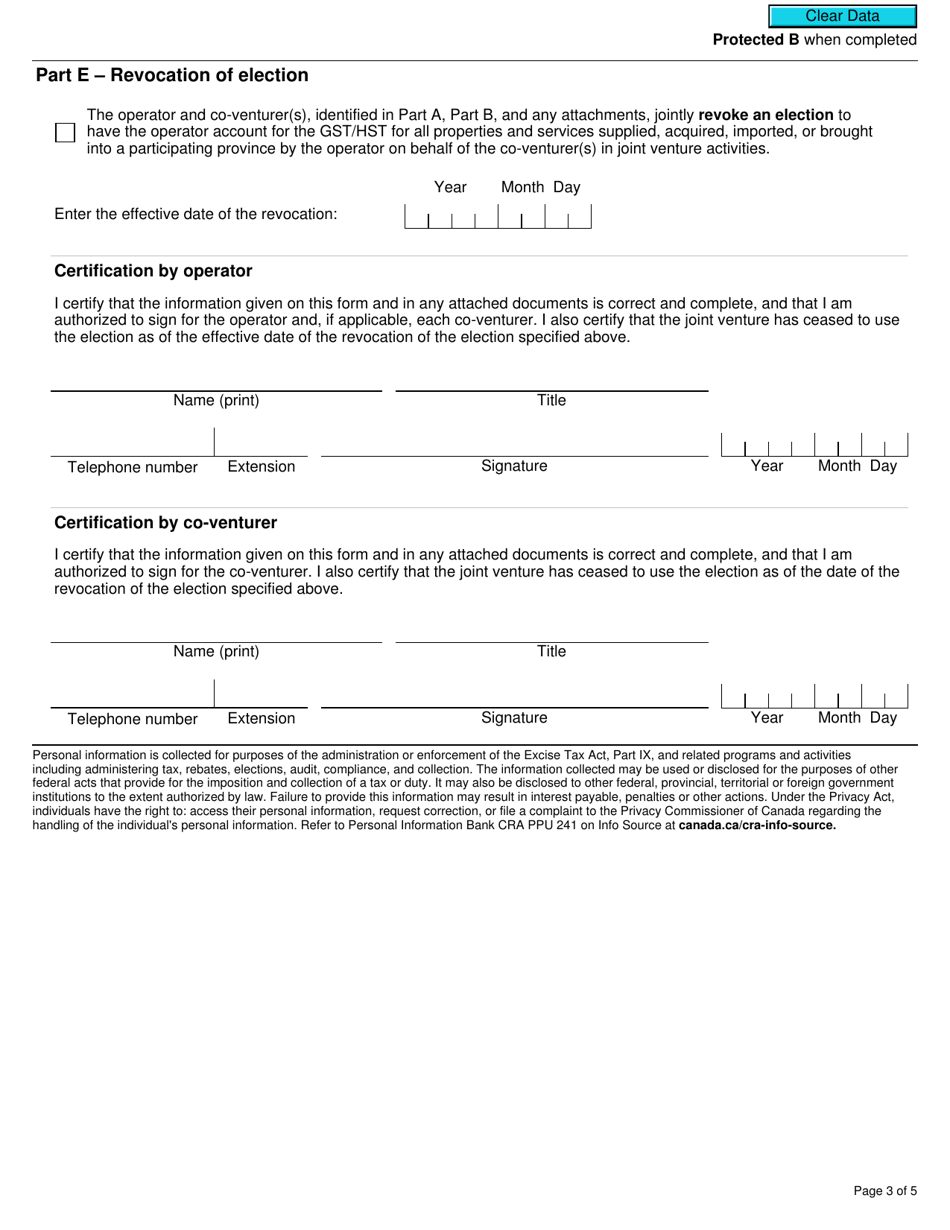 Form GST21 Election or Revocation of an Election to Have the Joint Venture Operator Account for Gst / Hst - Canada, Page 3