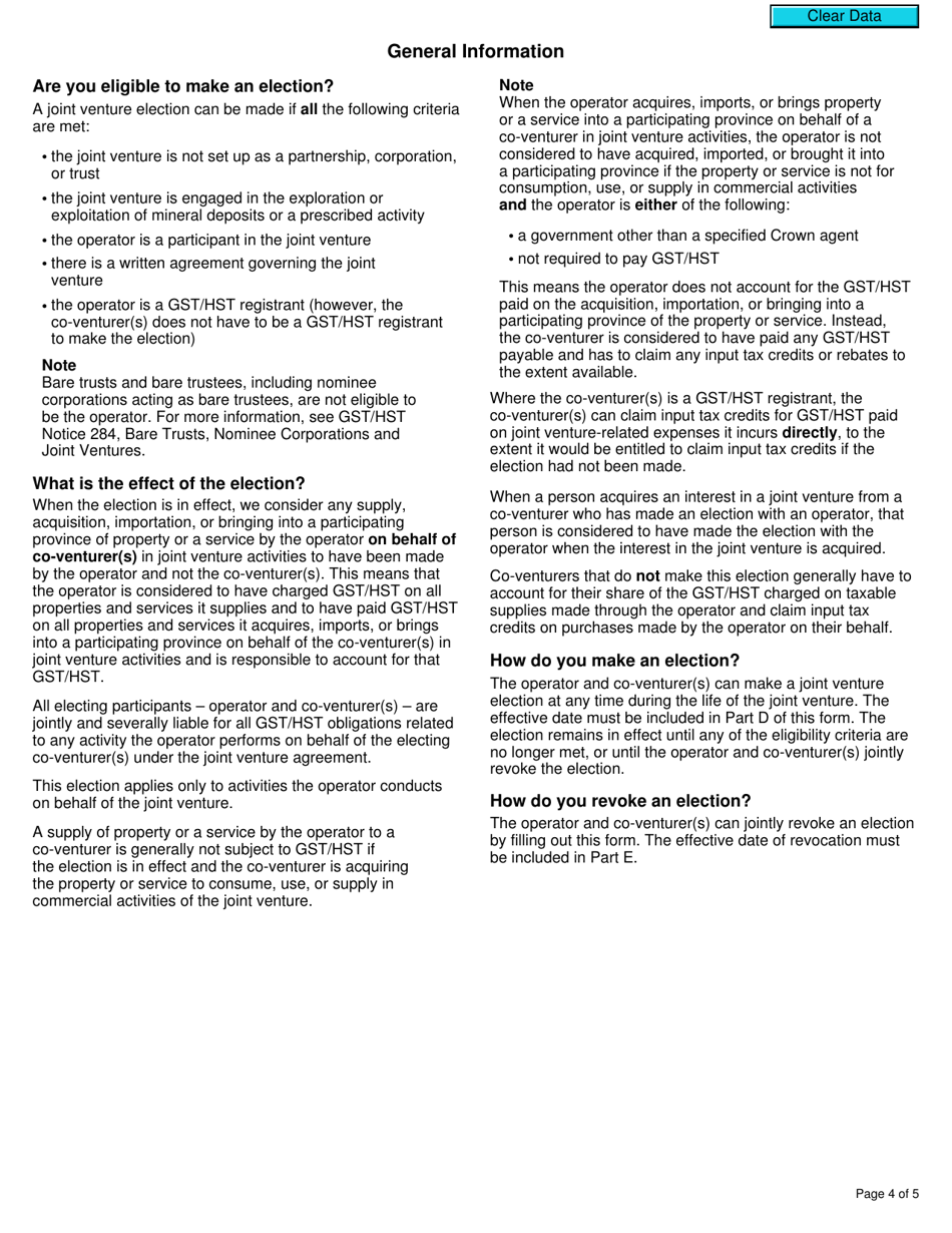 Form GST21 Election or Revocation of an Election to Have the Joint Venture Operator Account for Gst / Hst - Canada, Page 4