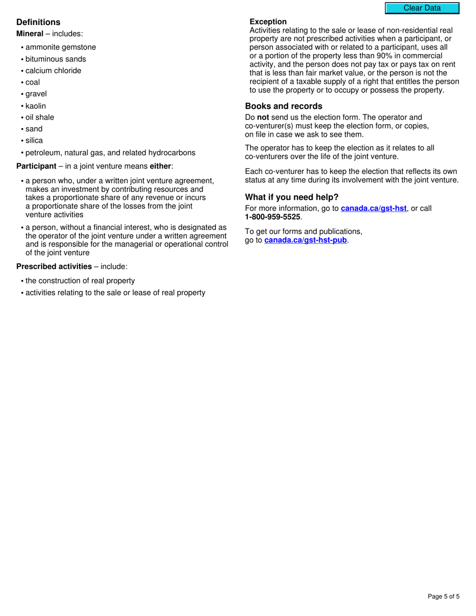 Form GST21 Election or Revocation of an Election to Have the Joint Venture Operator Account for Gst / Hst - Canada, Page 5