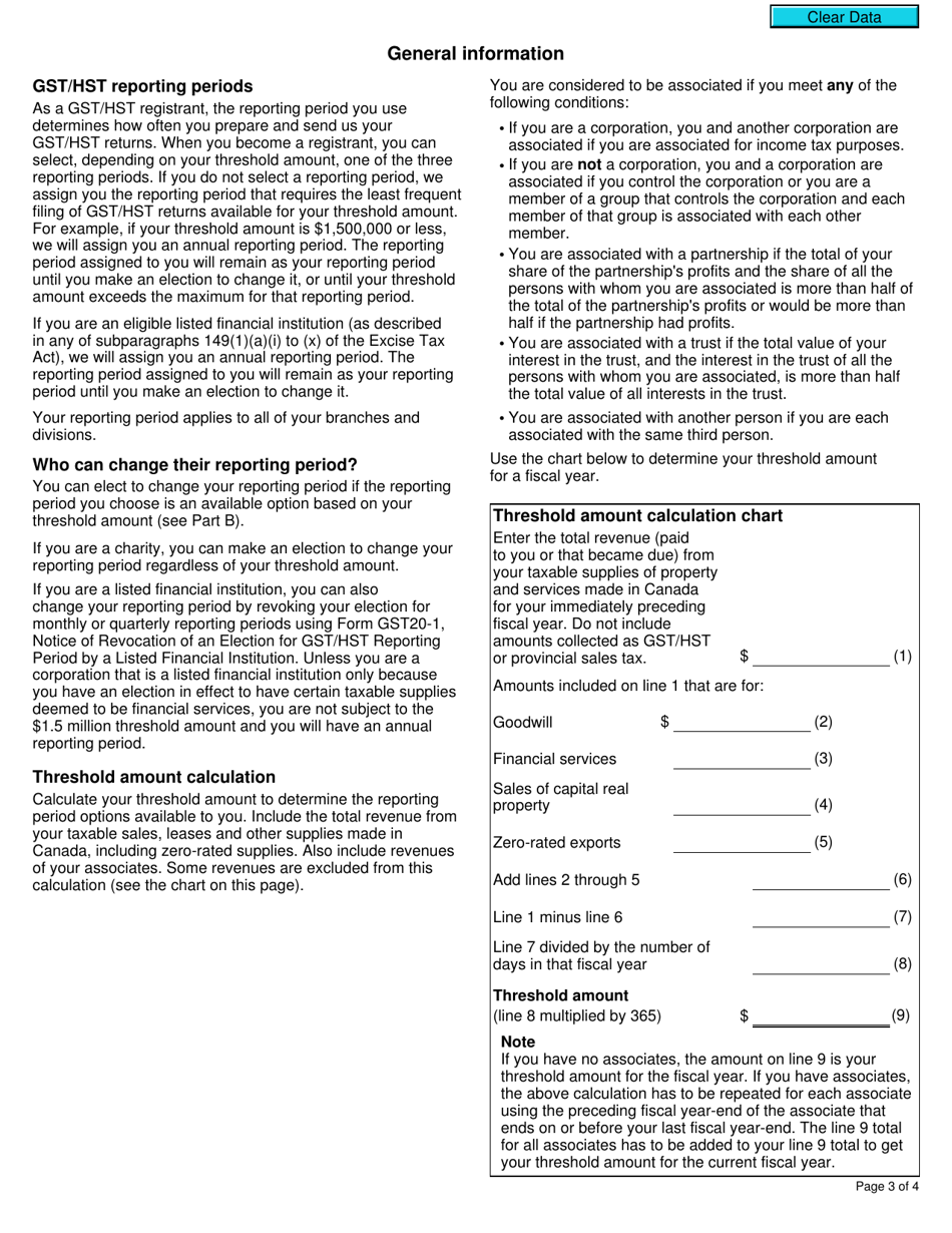 Form GST20 Election for Gst / Hst Reporting Period - Canada, Page 3