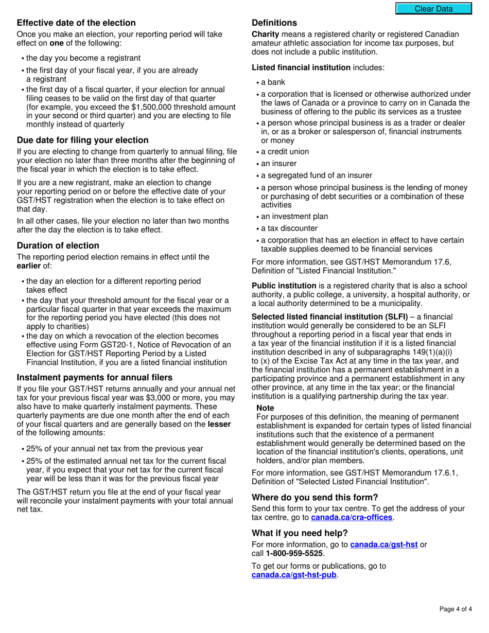 Form GST20 Election for Gst / Hst Reporting Period - Canada, Page 4