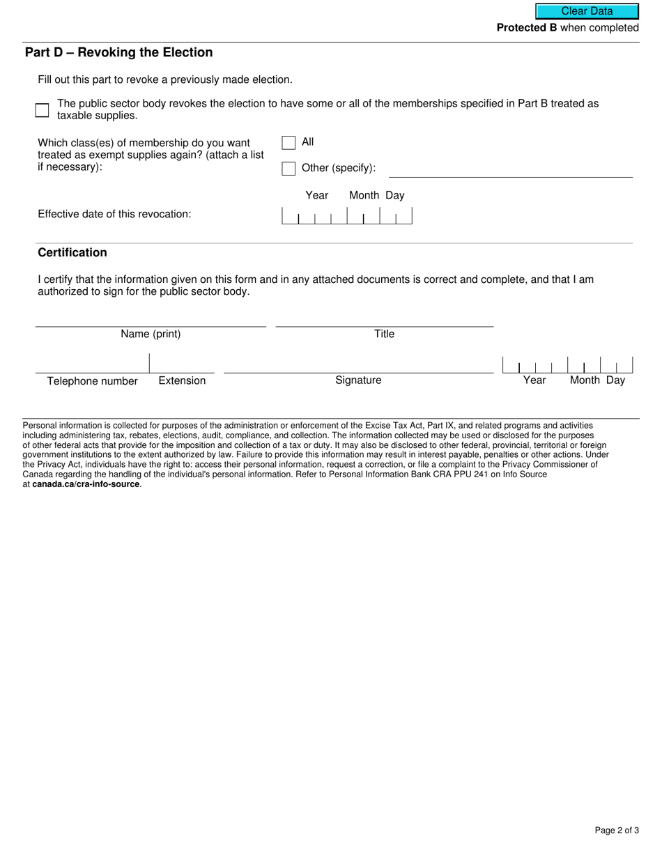 Form GST23 Election and Revocation of the Election by a Public Sector Body (Other Than a Charity) to Have Its Exempt Memberships Treated as Taxable Supplies - Canada, Page 2
