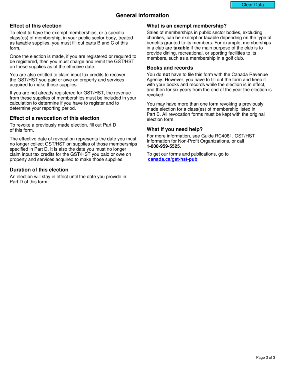 Form GST23 Election and Revocation of the Election by a Public Sector Body (Other Than a Charity) to Have Its Exempt Memberships Treated as Taxable Supplies - Canada, Page 3