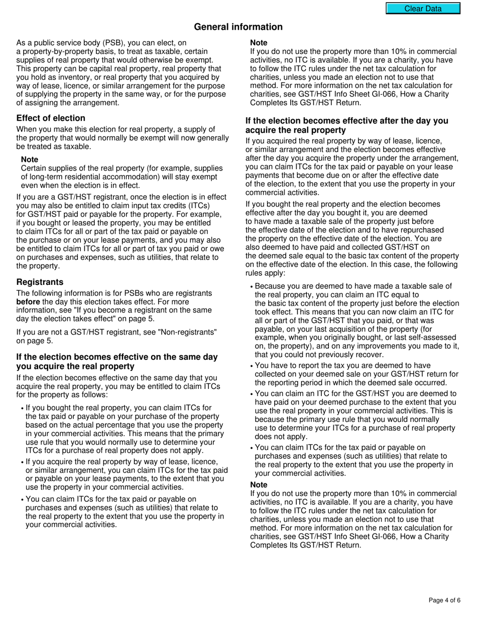 Form GST26 Election or Revocation of an Election by a Public Service Body to Have an Exempt Supply of Real Property Treated as a Taxable Supply - Canada, Page 4