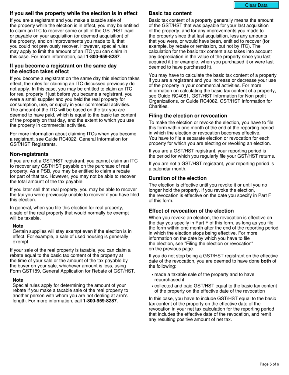 Form GST26 Election or Revocation of an Election by a Public Service Body to Have an Exempt Supply of Real Property Treated as a Taxable Supply - Canada, Page 5