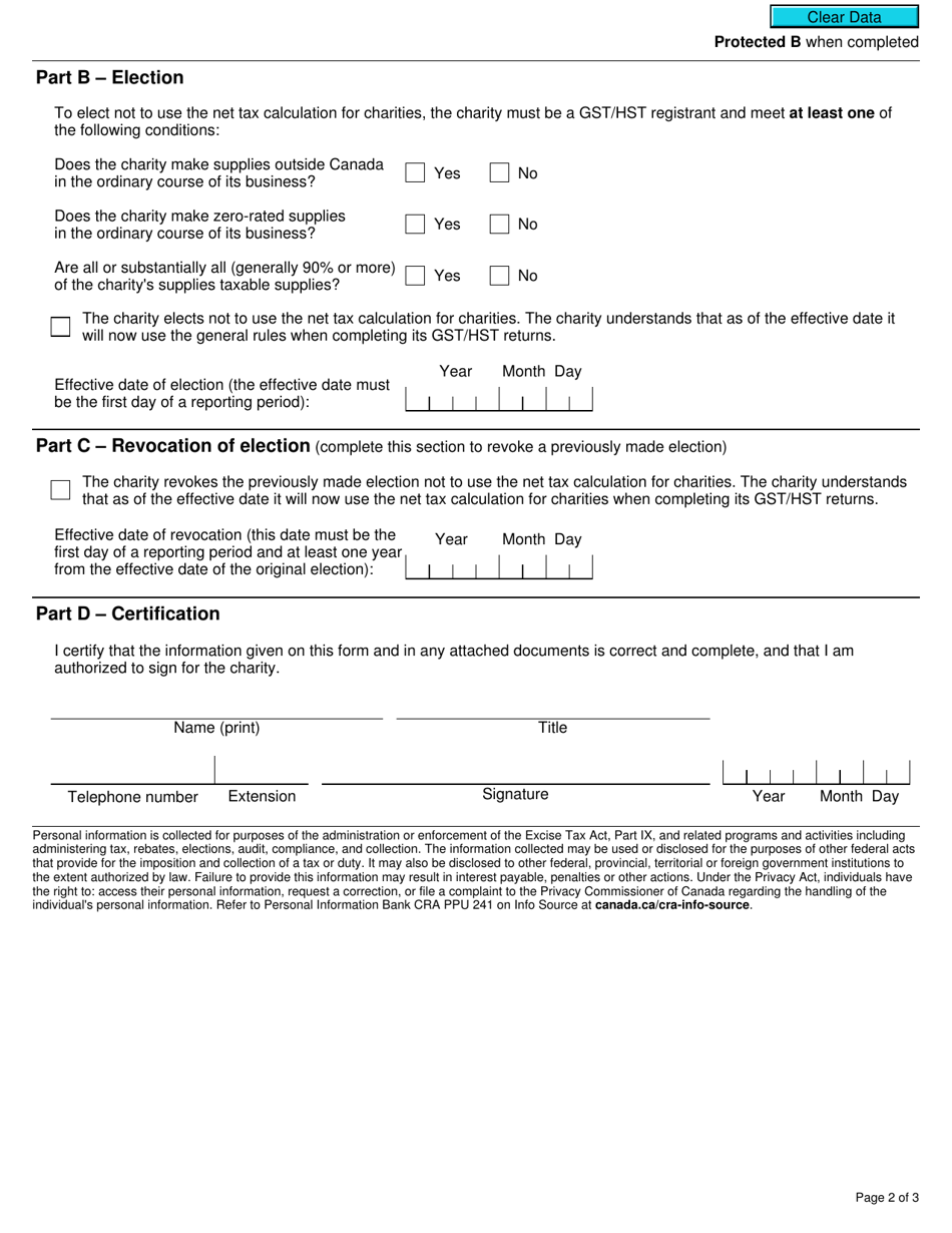 Form GST488 Election or Revocation of an Election Not to Use the Net Tax Calculation for Charities - Canada, Page 2