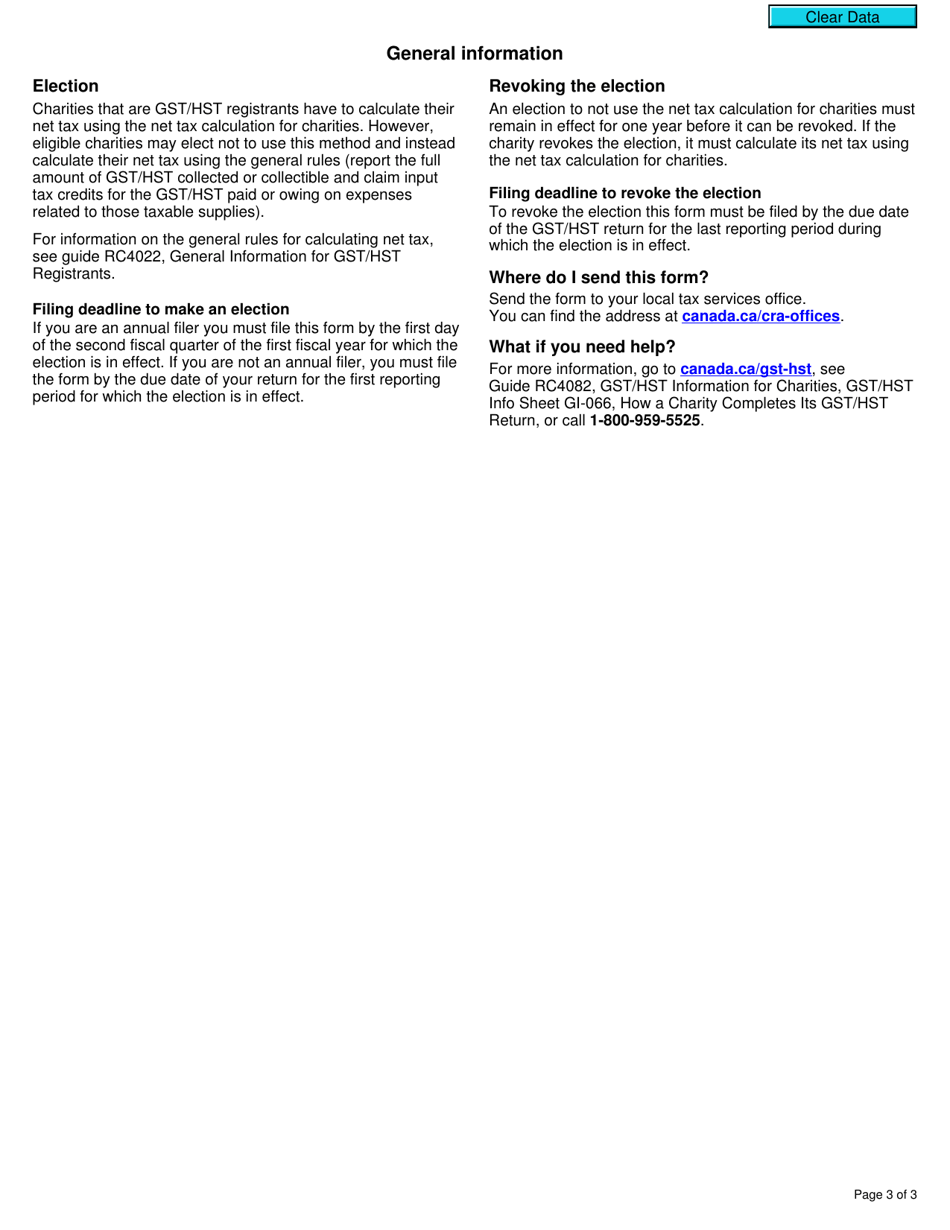Form GST488 Election or Revocation of an Election Not to Use the Net Tax Calculation for Charities - Canada, Page 3