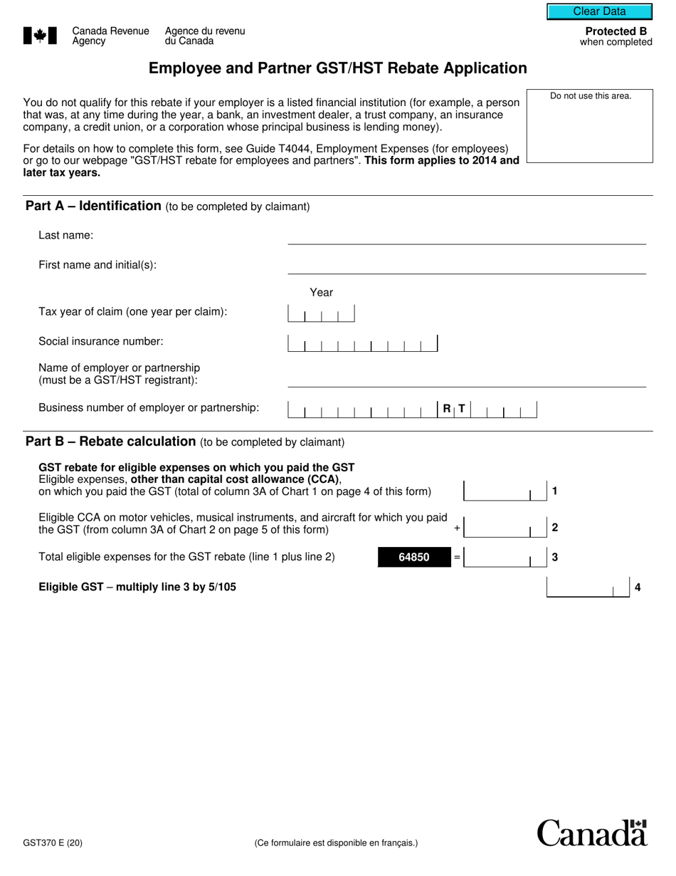 Form GST370 Employee and Partner Gst / Hst Rebate Application - Canada, Page 1