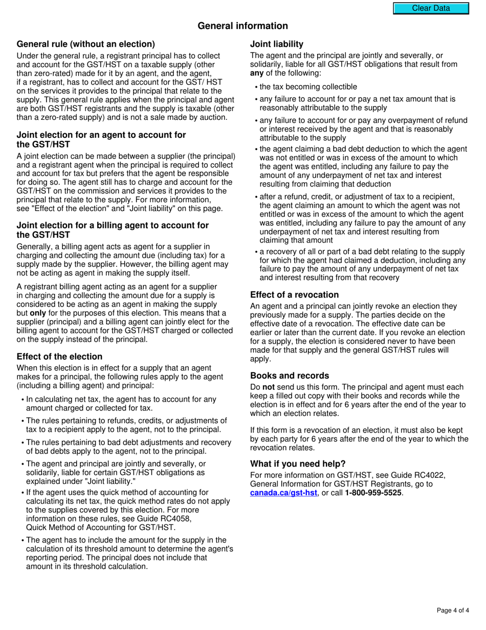 Form GST506 Election and Revocation of an Election Between Agent and Principal - Canada, Page 4