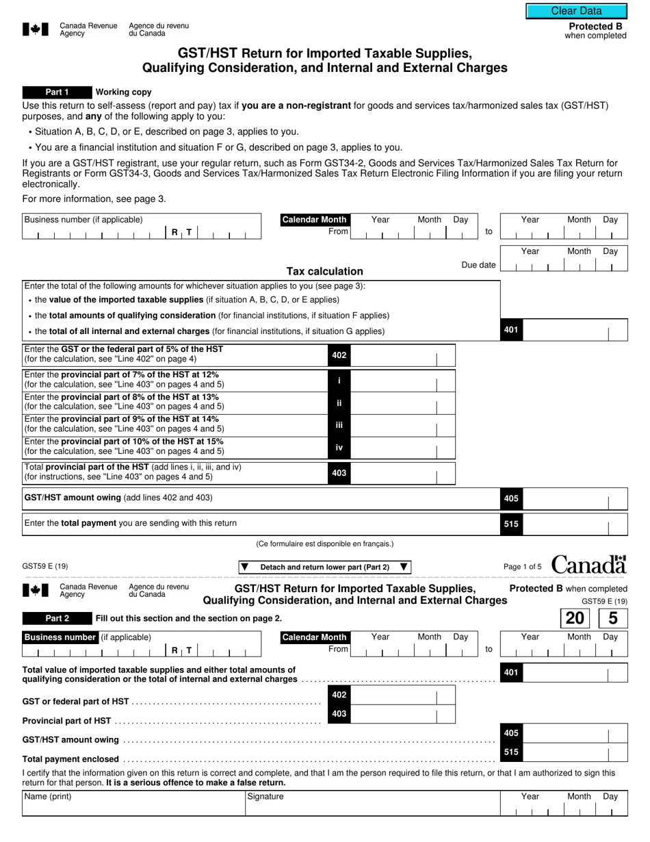 Form GST59 Gst / Hst Return for Imported Taxable Supplies, Qualifying Consideration, and Internal and External Charges - Canada, Page 1