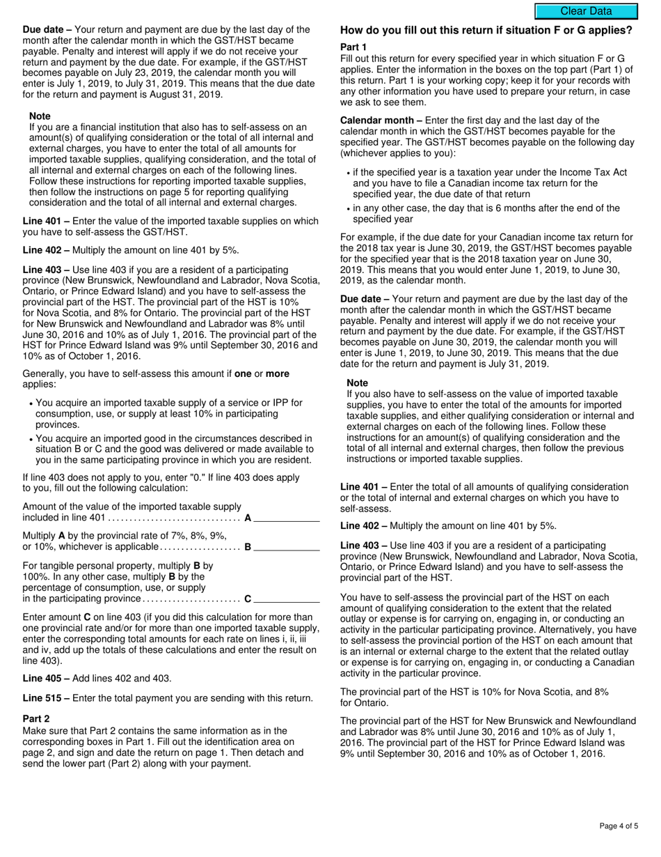 Form GST59 Gst / Hst Return for Imported Taxable Supplies, Qualifying Consideration, and Internal and External Charges - Canada, Page 4