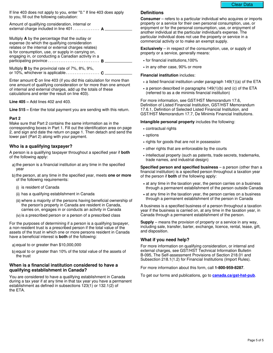 Form GST59 Gst / Hst Return for Imported Taxable Supplies, Qualifying Consideration, and Internal and External Charges - Canada, Page 5