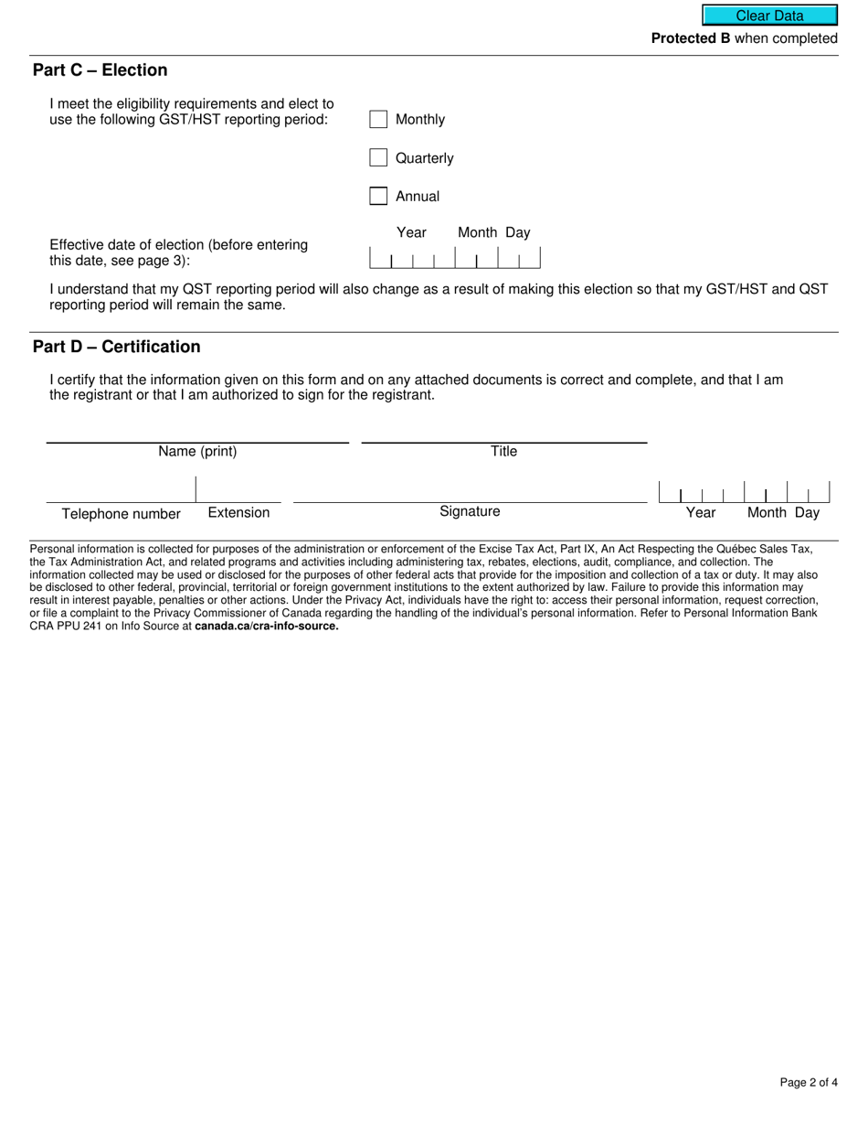 Form RC7220 Election for Gst / Hst and Qst Reporting Period for a Selected Listed Financial Institution - Canada, Page 2