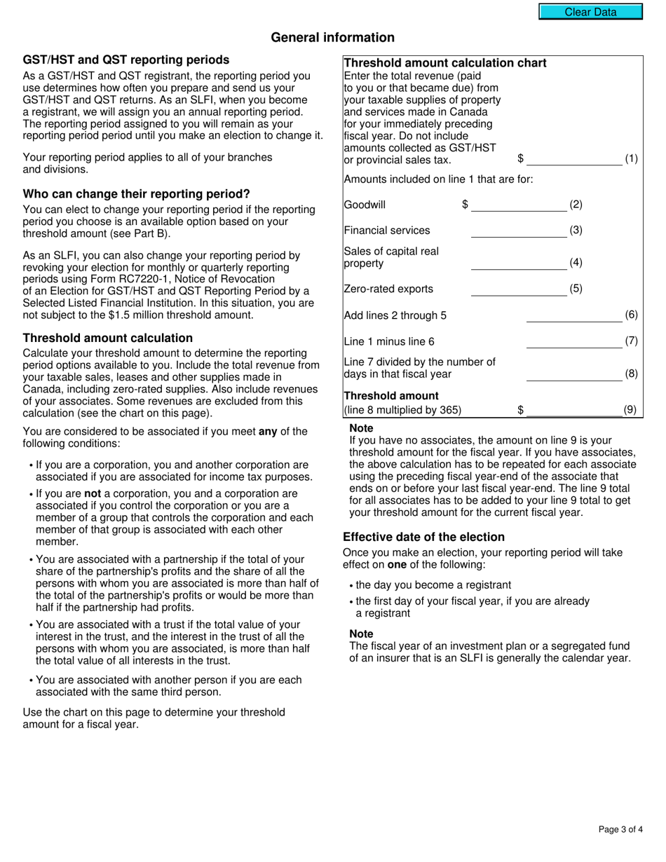 Form RC7220 Election for Gst / Hst and Qst Reporting Period for a Selected Listed Financial Institution - Canada, Page 3