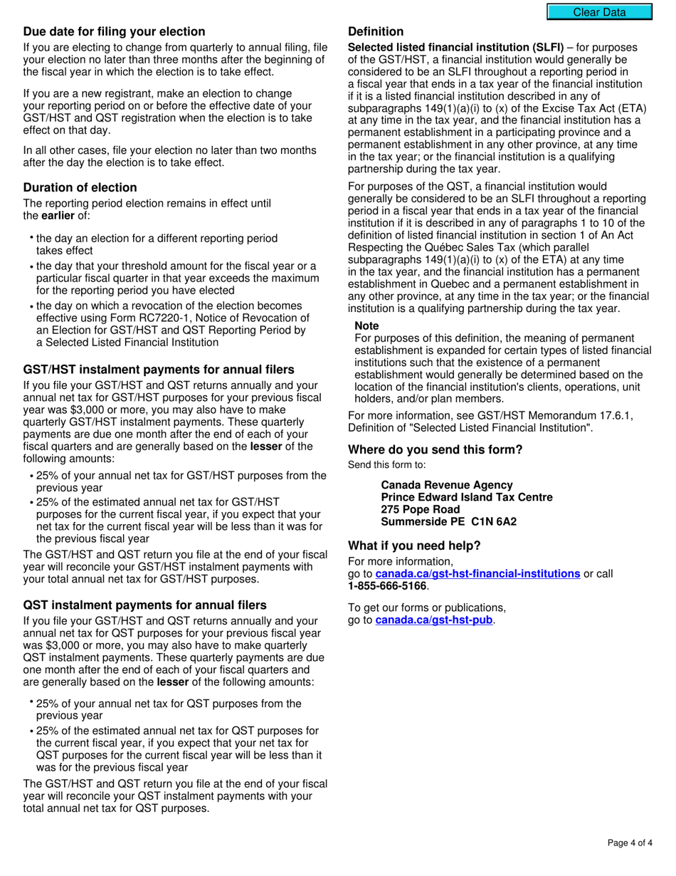 Form RC7220 Election for Gst / Hst and Qst Reporting Period for a Selected Listed Financial Institution - Canada, Page 4