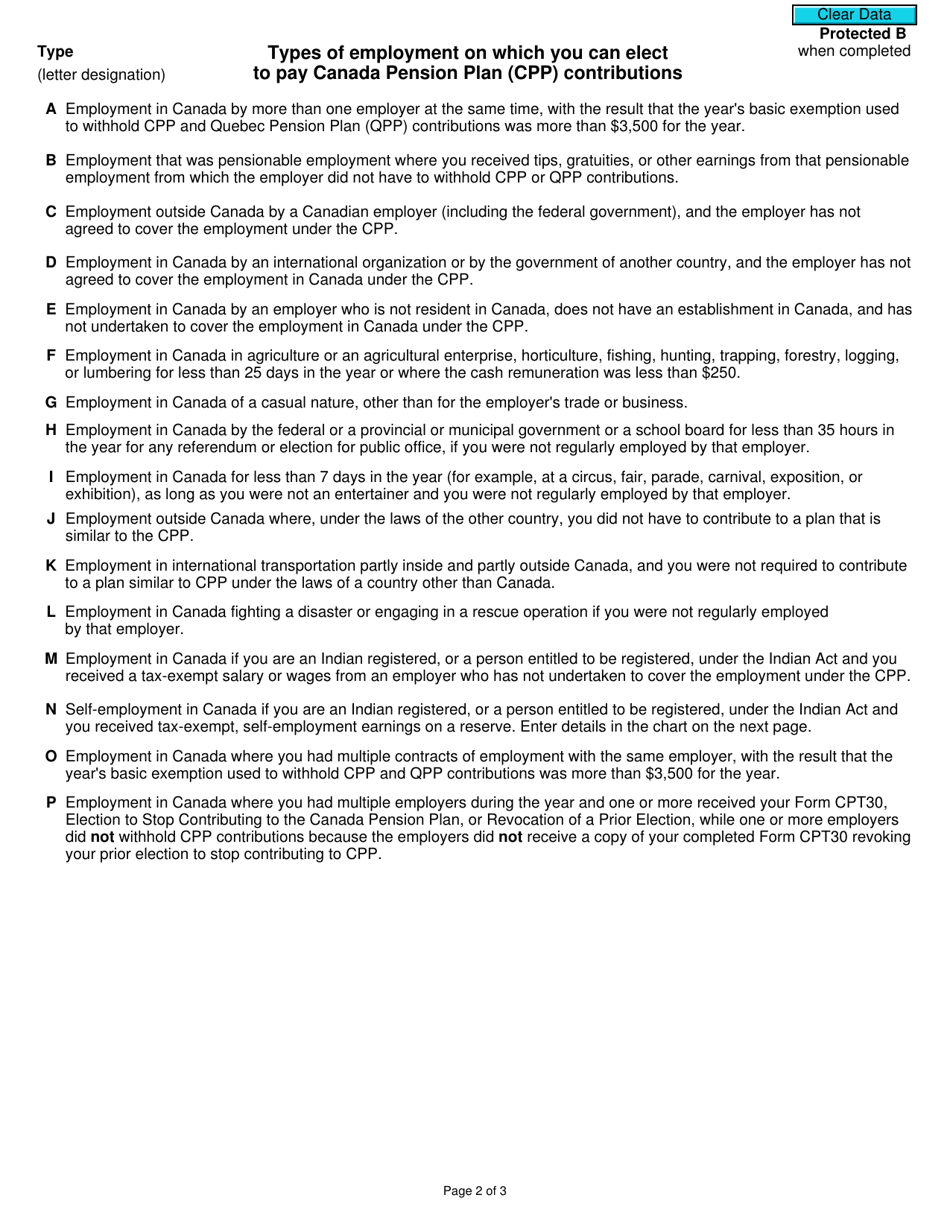 Form CPT20 Election to Pay Canada Pension Plan Contributions - Canada, Page 2