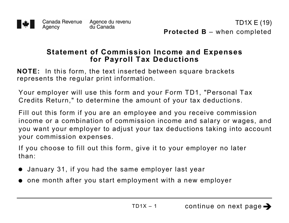 Form TD1X Statement of Commission Income and Expenses for Payroll Tax Deductions (Large Print) - Canada, Page 1