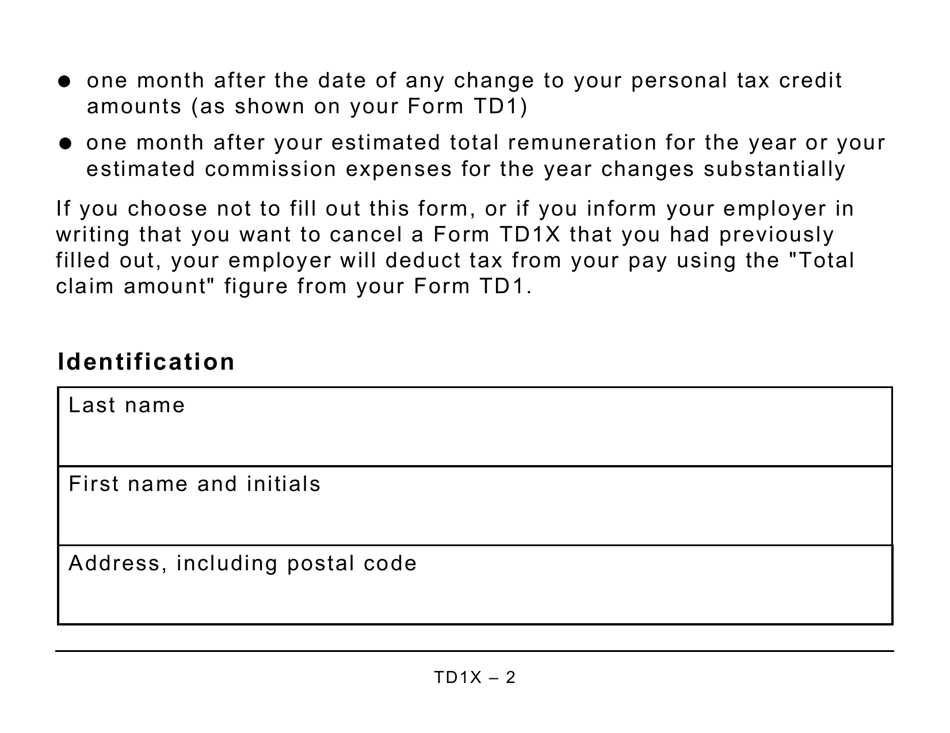 Form TD1X Statement of Commission Income and Expenses for Payroll Tax Deductions - Large Print - Canada, Page 2