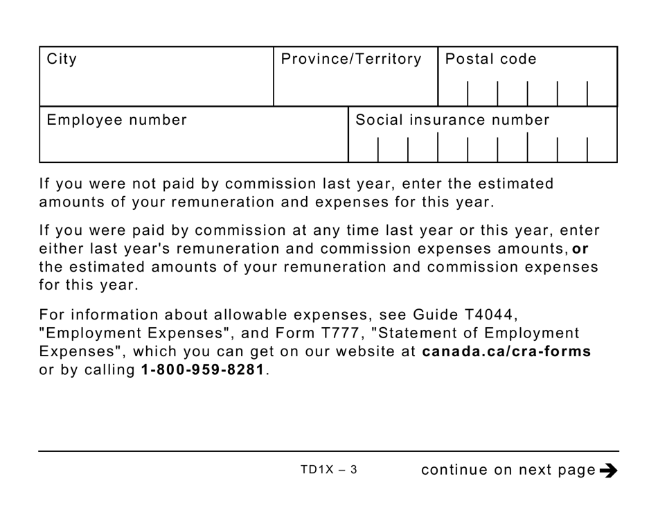 Form TD1X Statement of Commission Income and Expenses for Payroll Tax Deductions - Large Print - Canada, Page 3