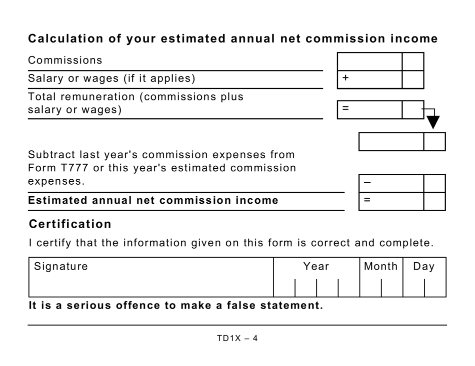 Form TD1X Statement of Commission Income and Expenses for Payroll Tax Deductions - Large Print - Canada, Page 4