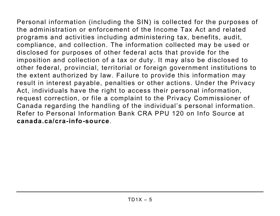 Form TD1X Statement of Commission Income and Expenses for Payroll Tax Deductions - Large Print - Canada, Page 5