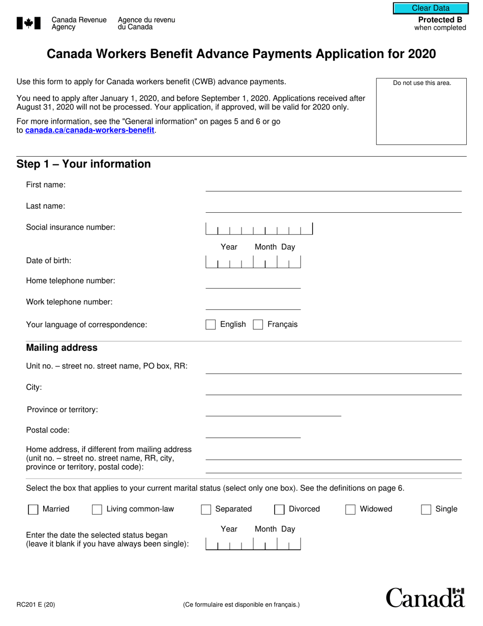 Form RC201 Canada Workers Benefit Advance Payments Application - Canada, Page 1