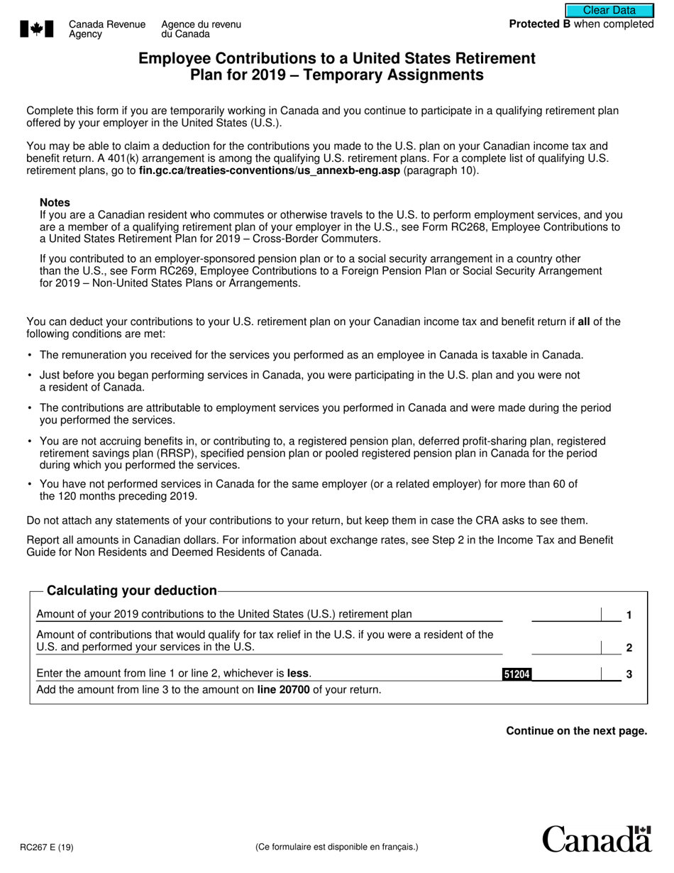Form RC267 Employee Contributions to a United States Retirement Plan - Temporary Assignments - Canada, Page 1