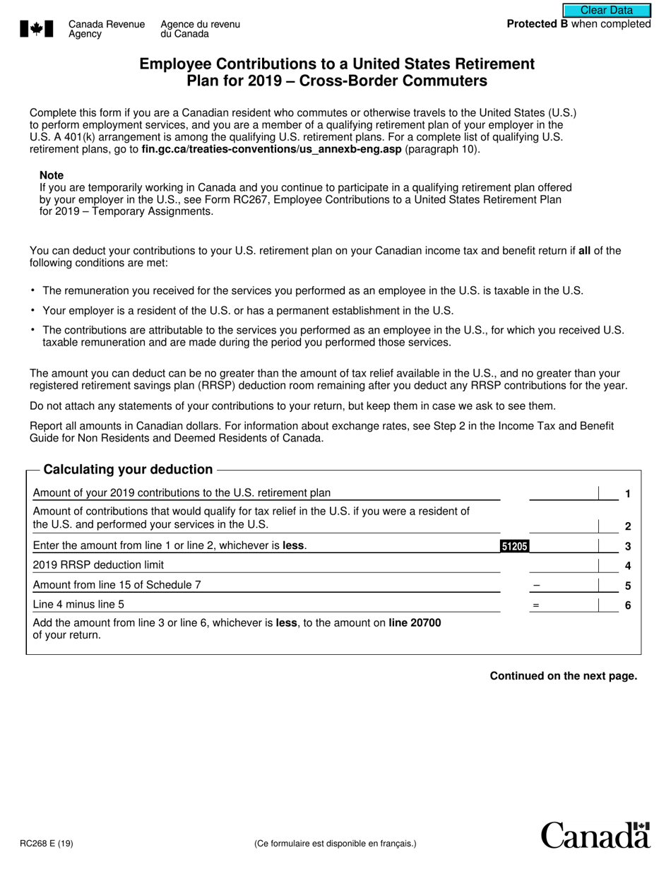 Form RC268 Employee Contributions to a United States Retirement Plan - Cross-border Commuters - Canada, Page 1