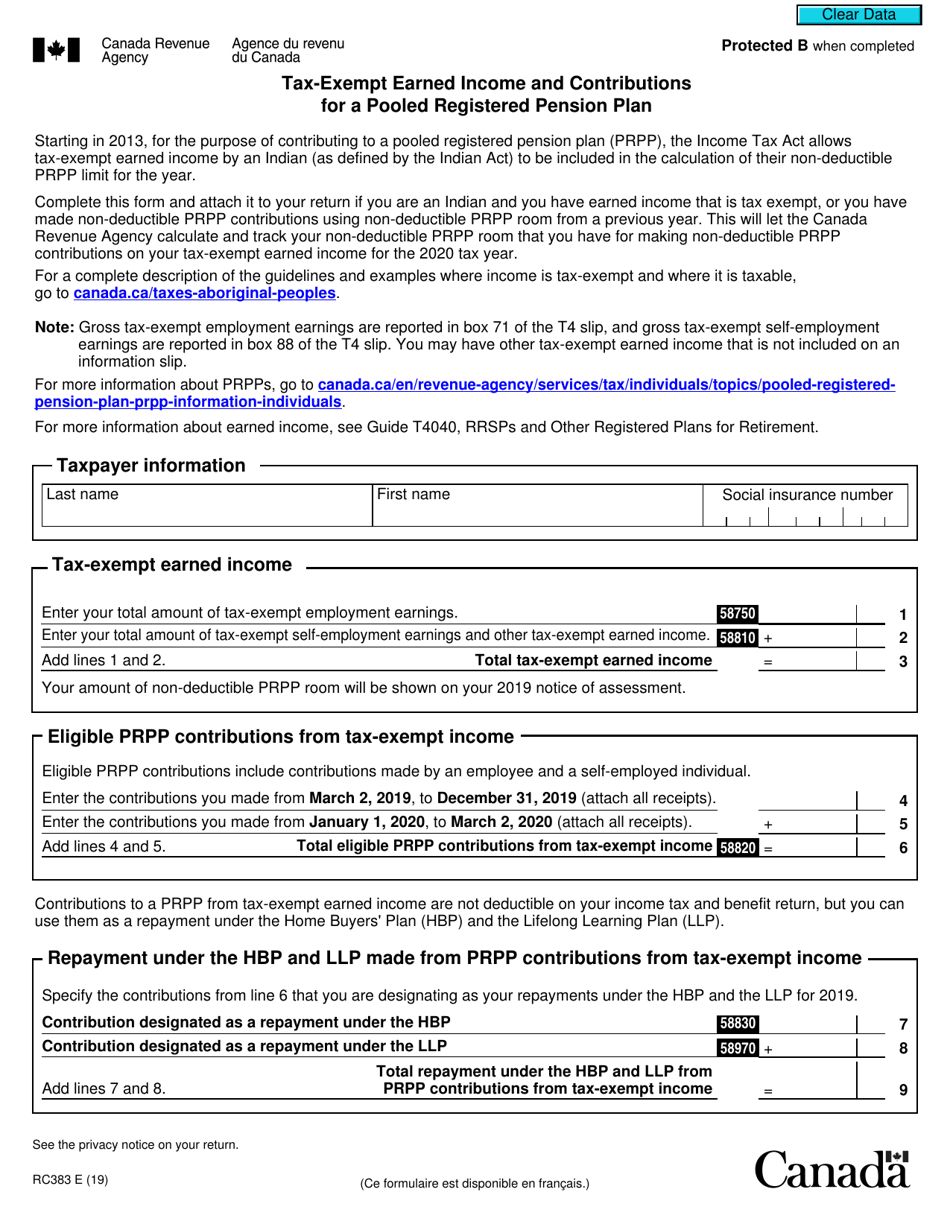 Form RC383 Tax-Exempt Earned Income and Contributions for a Pooled Registered Pension Plan - Canada, Page 1