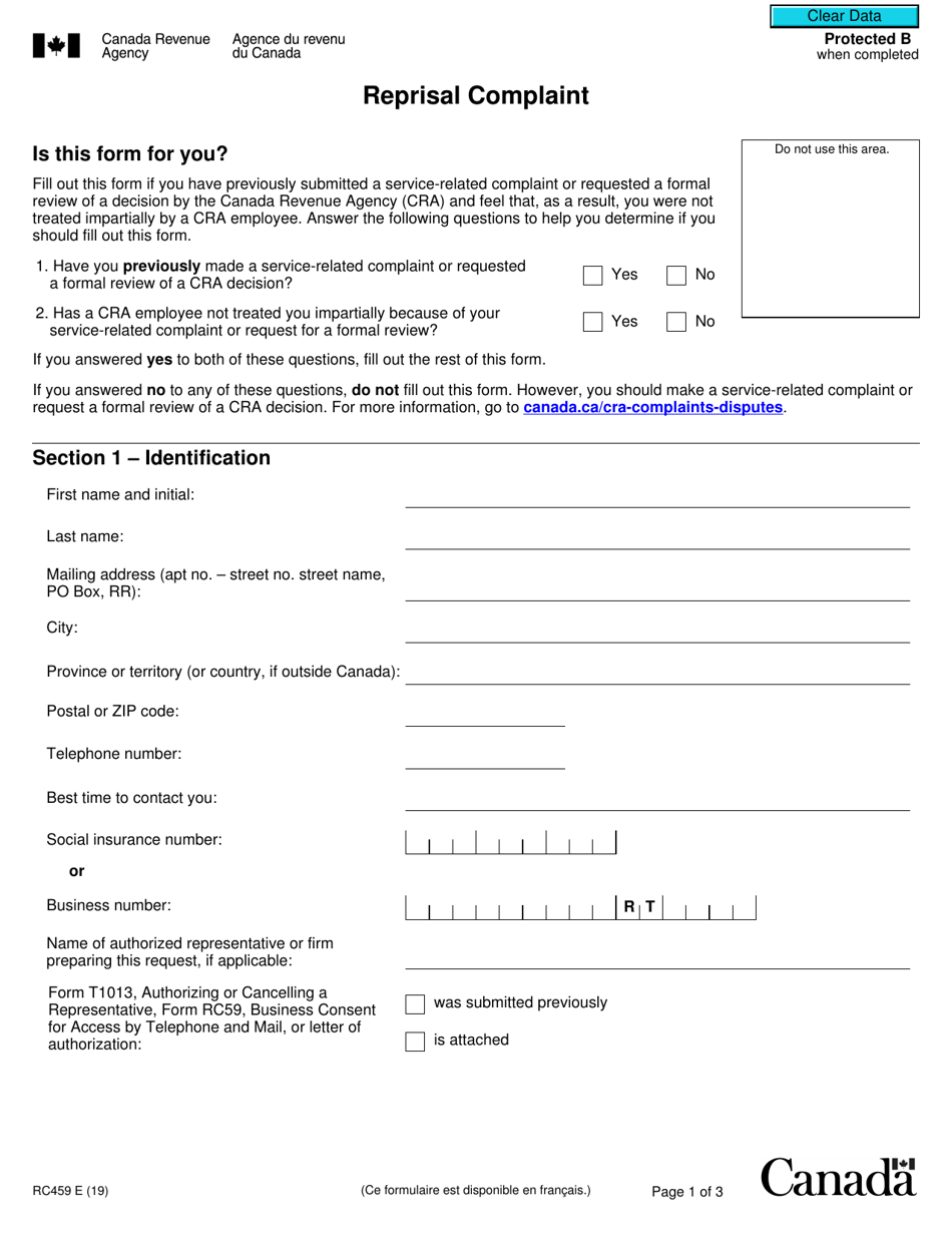 Form RC459 Reprisal Complaint - Canada, Page 1