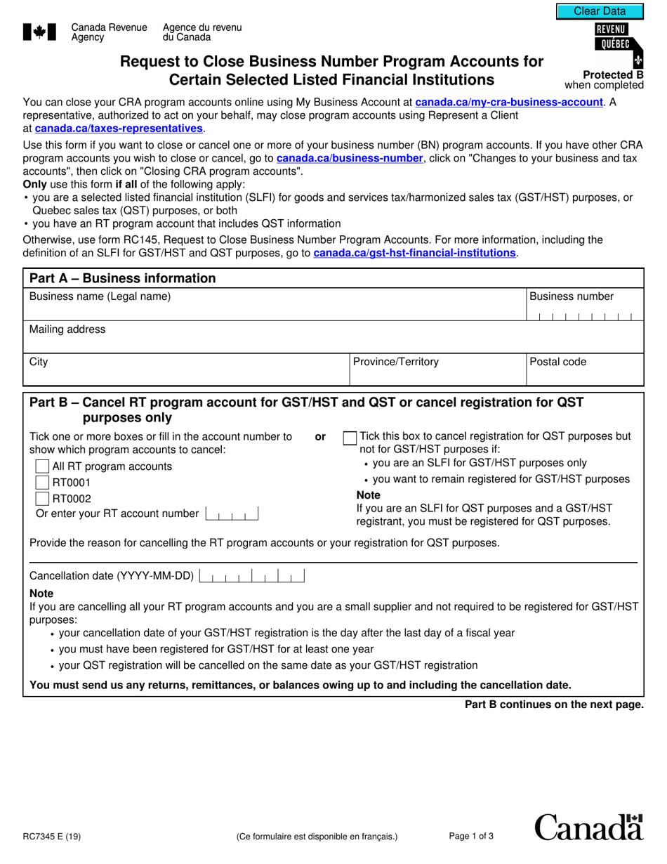 Form RC7345 Request to Close Business Number Program Accounts for Certain Selected Listed Financial Institutions - Canada, Page 1