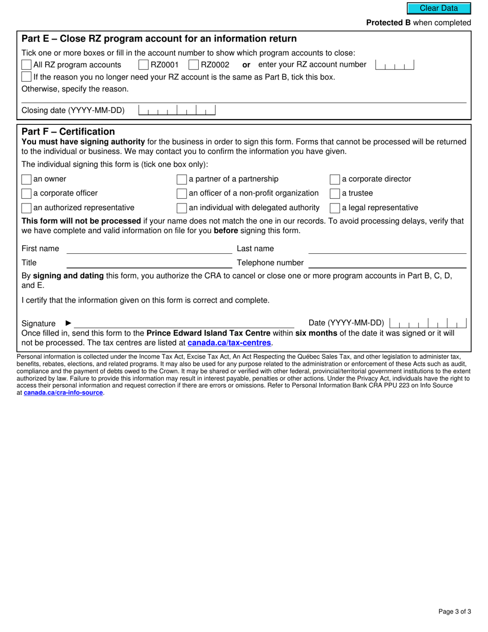 Form RC7345 Request to Close Business Number Program Accounts for Certain Selected Listed Financial Institutions - Canada, Page 3