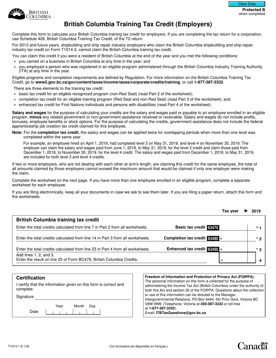 Form T1014-1 British Columbia Training Tax Credit (Employers) - Canada, Page 1