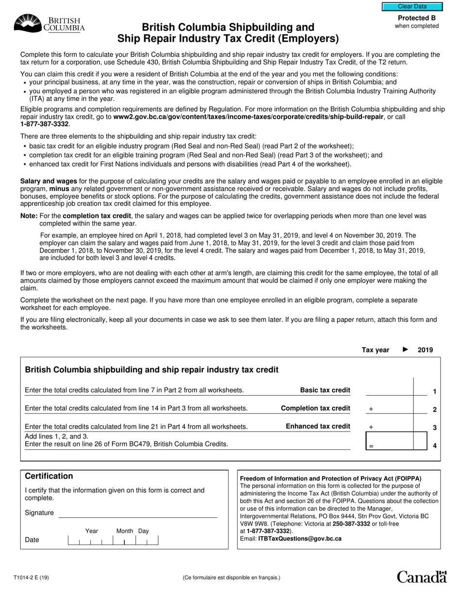 Form T1014-2 British Columbia Shipbuilding and Ship Repair Industry Tax Credit (Employers) - Canada, Page 1