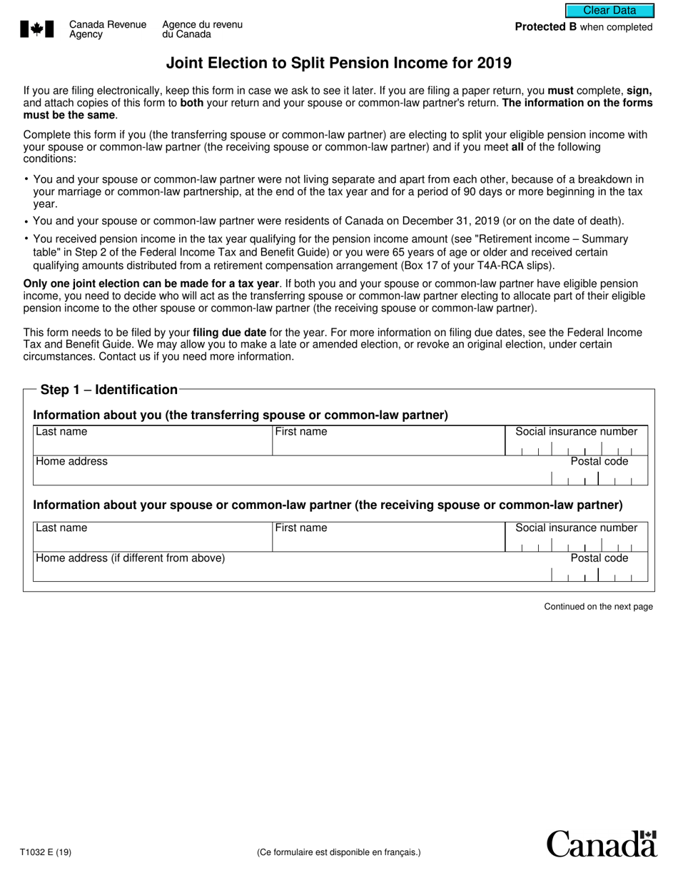 Form T1032 Joint Election to Split Pension Income - Canada, Page 1