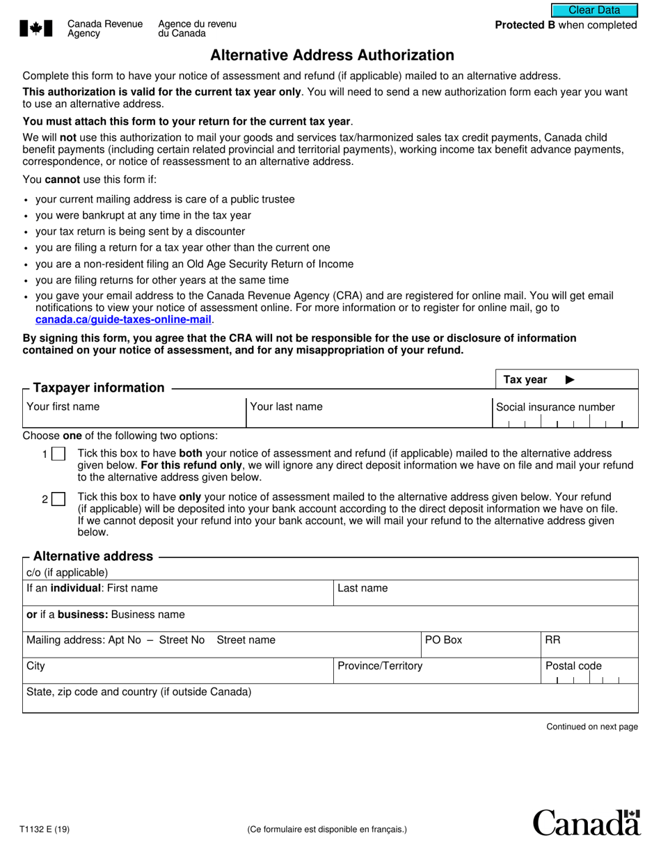 Form T1132 Alternative Address Authorization - Canada, Page 1