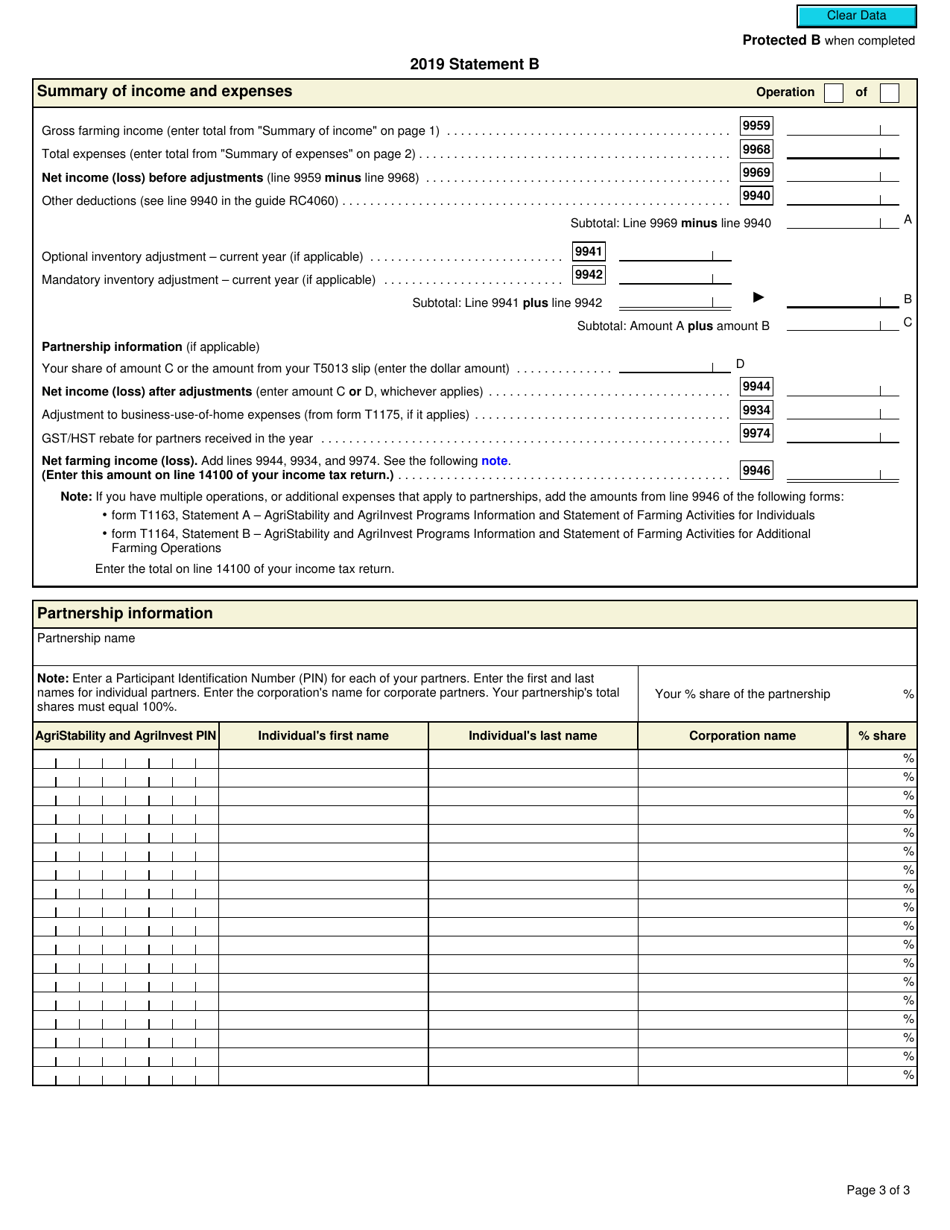 Form T1164 Statement B - Agristability and Agriinvest Programs Information and Statement of Farming Activities for Additional Farming Operations - Canada, Page 3