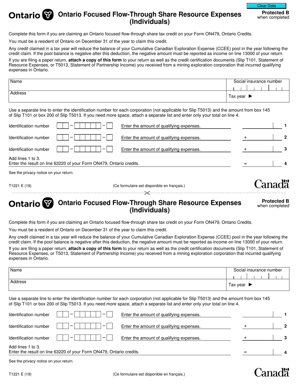 Form T1221 Ontario Focused Flow-Through Share Resource Expenses (Individuals) - Canada, Page 1