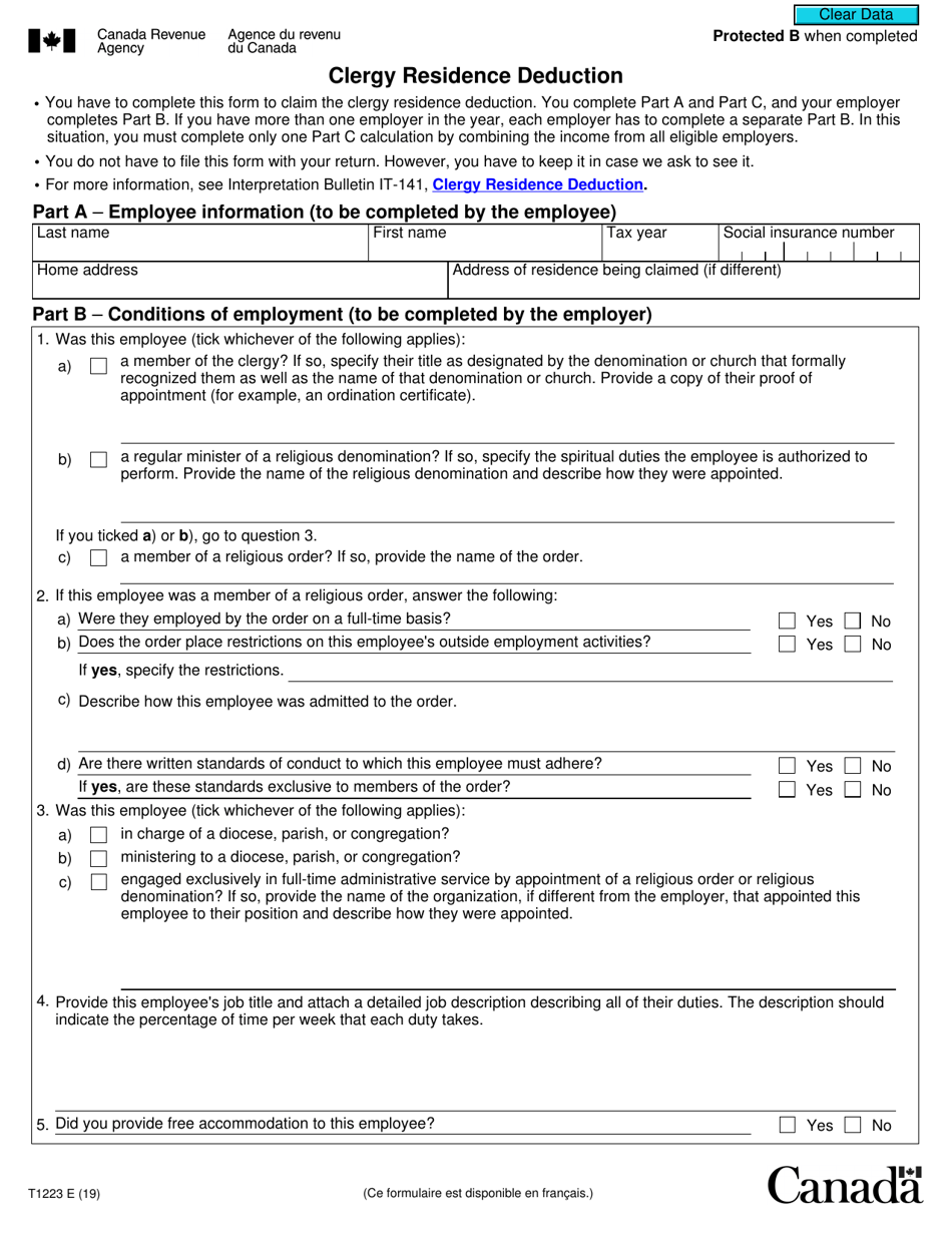 Form T1223 Clergy Residence Deduction - Canada, Page 1