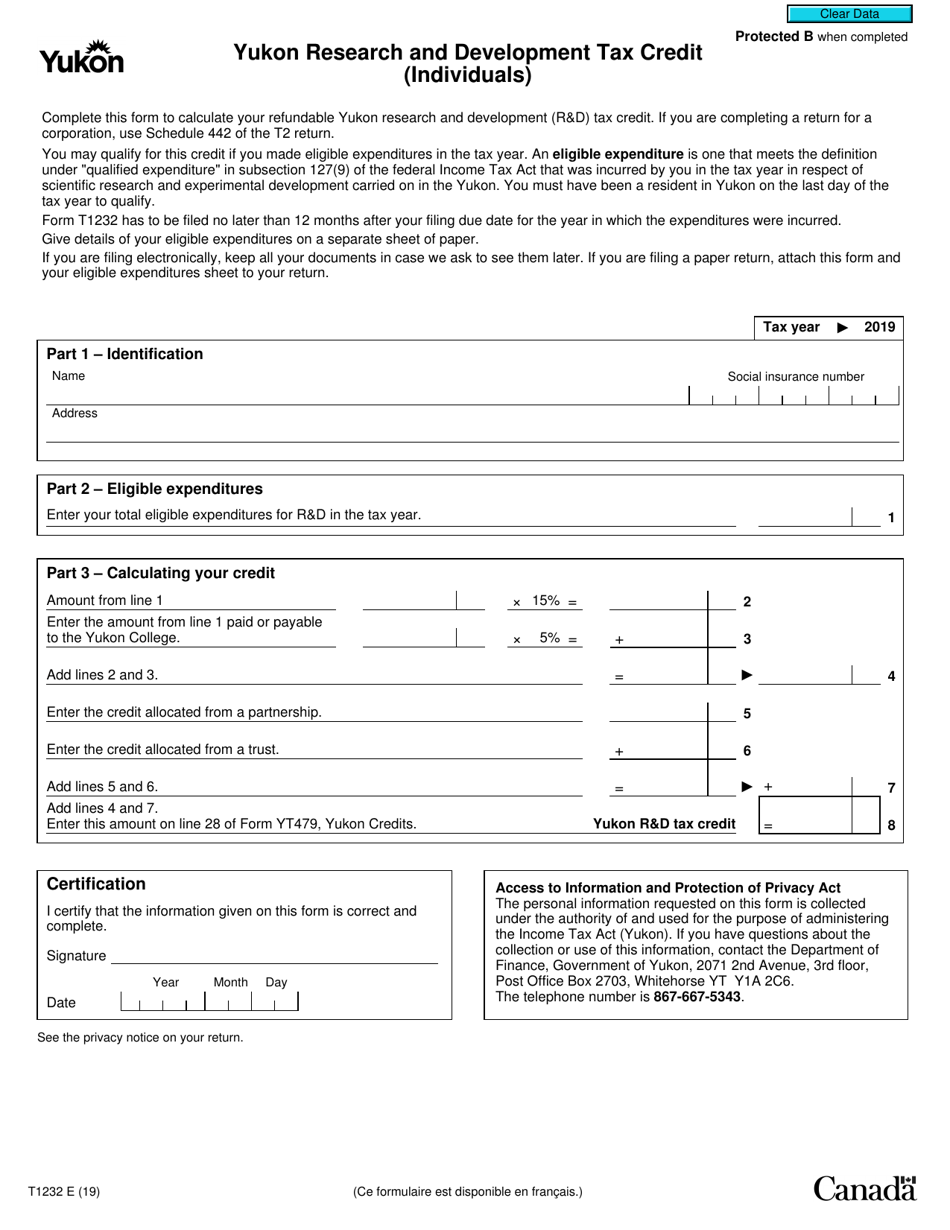 Form T1232 Yukon Research and Development Tax Credit (Individuals) - Canada, Page 1