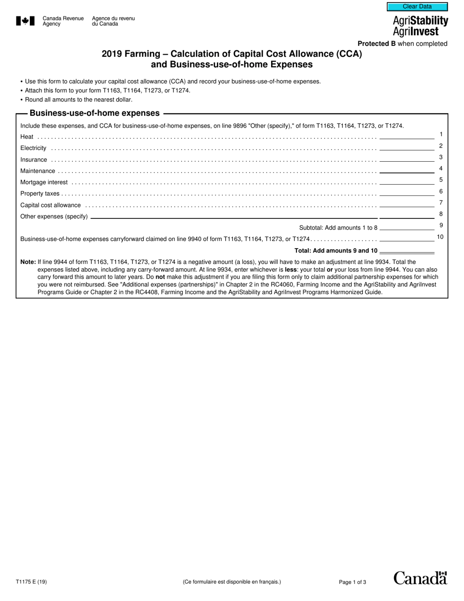 Form T1175 Farming - Calculation of Capital Cost Allowance (Cca) and Business-Use-Of-Home Expenses - Canada, Page 1