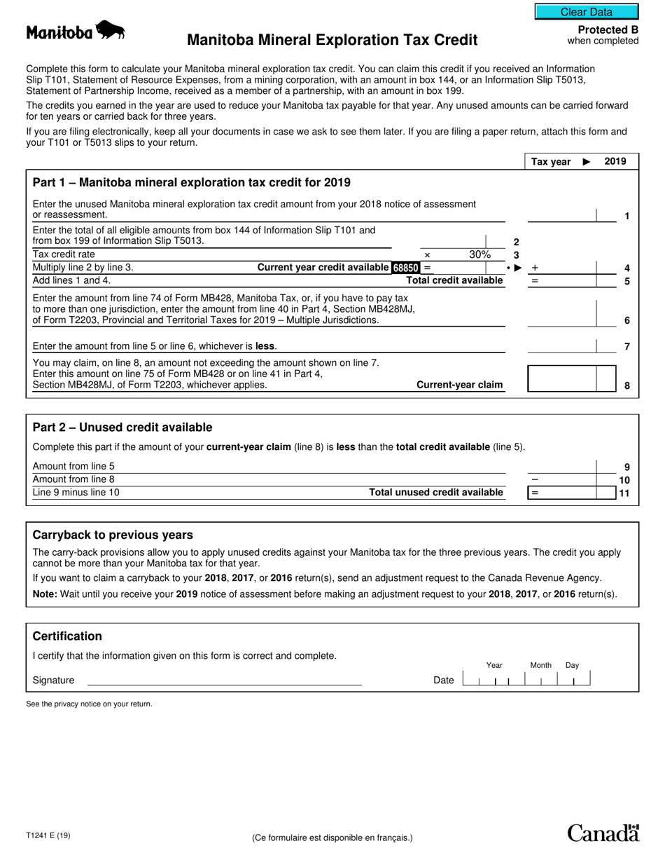 Form T1241 Manitoba Mineral Exploration Tax Credit - Canada, Page 1